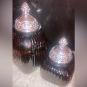 1 Lrg & 1sml Vintage ARTLAND AMBER GLASS canister w/Fleur de Lis Pewter Lids